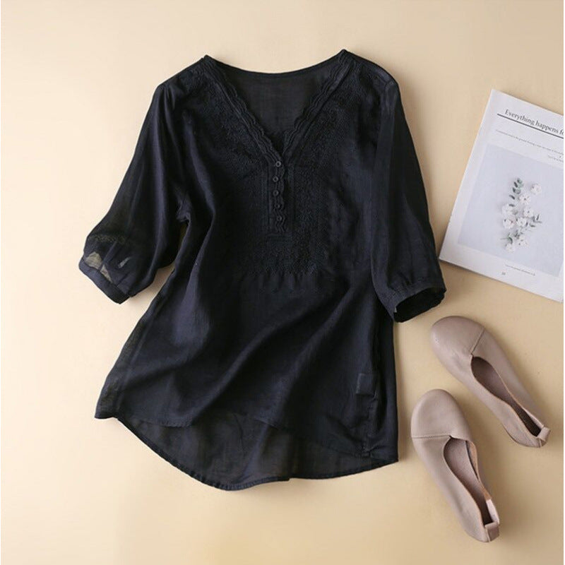 CloudCoton V-Neck Embroidered Linen Cotton Blend Short Sleeve