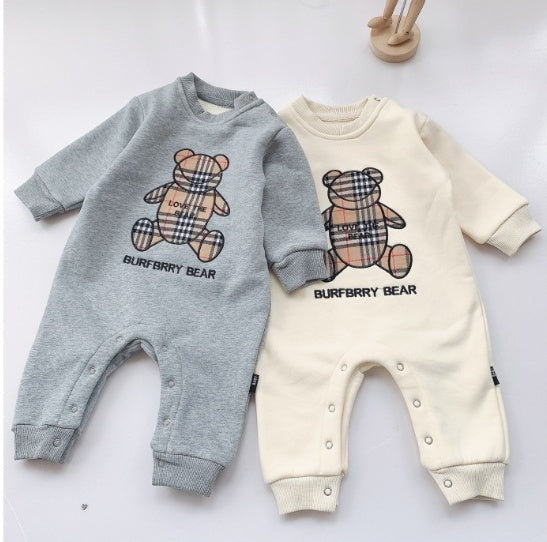 Trendy Baby Plaid Romper – Soft Cotton Bear Jumpsuit for Boys & Girls