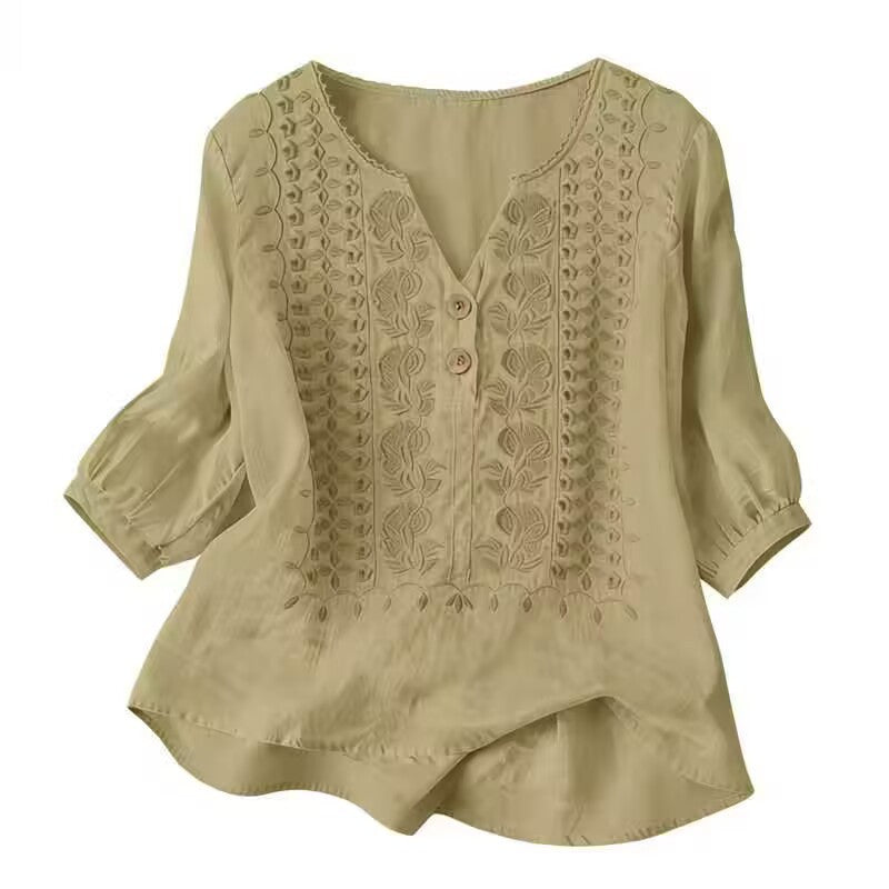 V-Neck Embroidered Cotton-Linen Blouse - product colour image 4