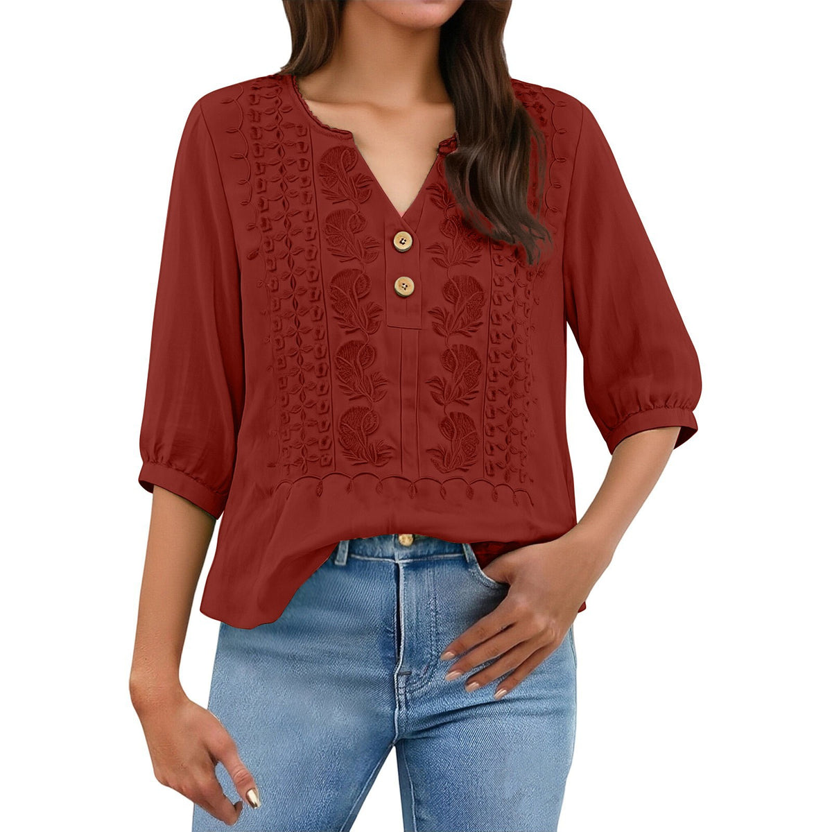 V-Neck Embroidered Cotton-Linen Blouse - product colour image 1