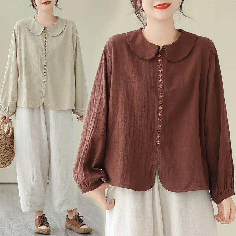 Simple Cotton Doll Collar Long Sleeve Blouse