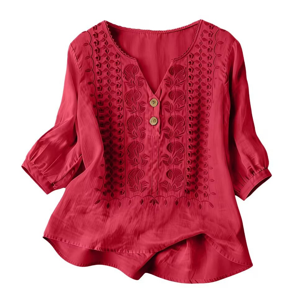 V-Neck Embroidered Cotton-Linen Blouse - product colour image 6