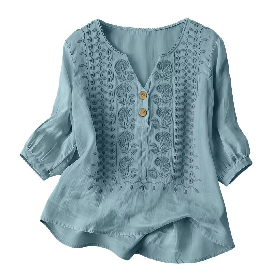 V-Neck Embroidered Cotton-Linen Blouse - product colour image 3
