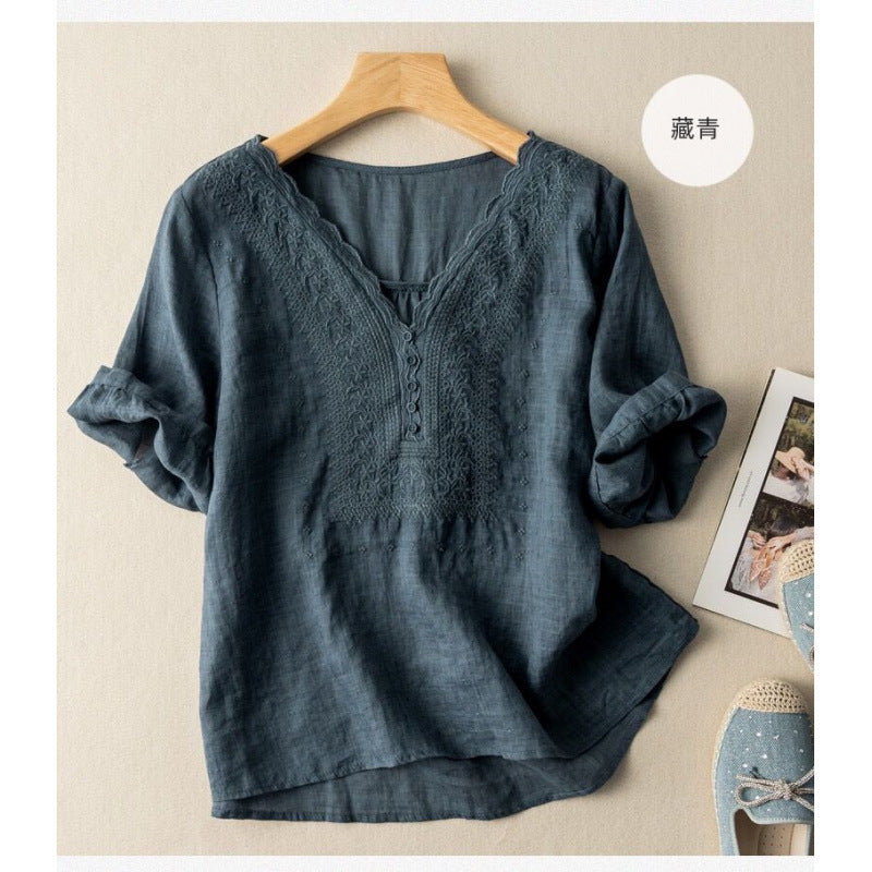 CloudCoton V-Neck Embroidered Linen Cotton Blend Short Sleeve