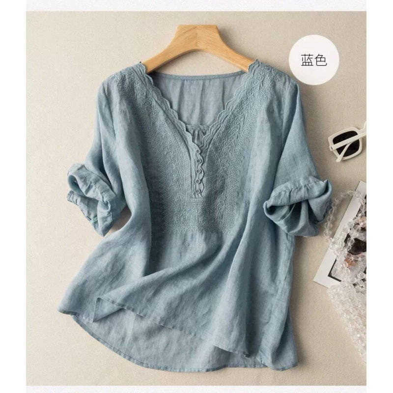 CloudCoton V-Neck Embroidered Linen Cotton Blend Short Sleeve