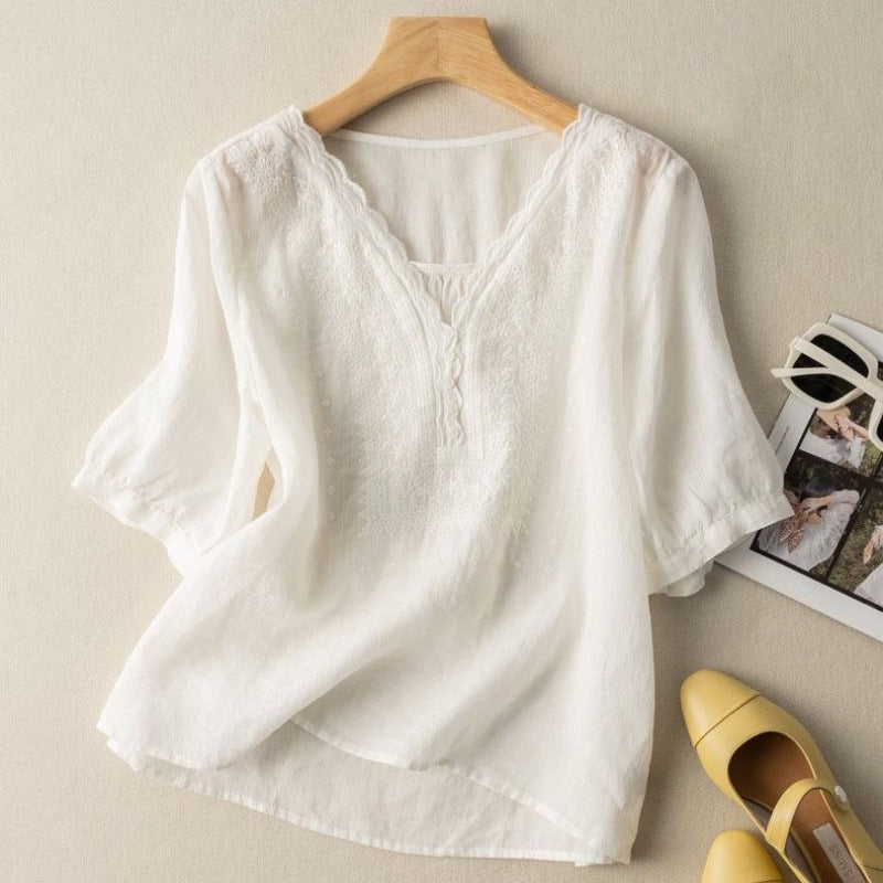 CloudCoton V-Neck Embroidered Linen Cotton Blend Short Sleeve
