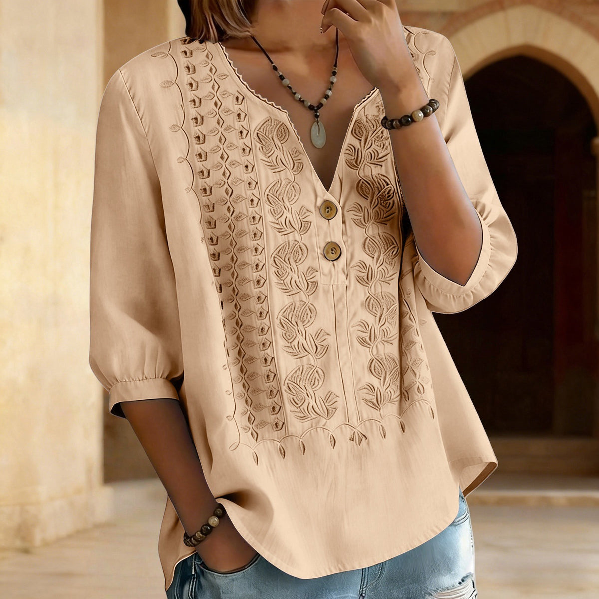 V-Neck Embroidered Cotton-Linen Blouse - product colour image 5