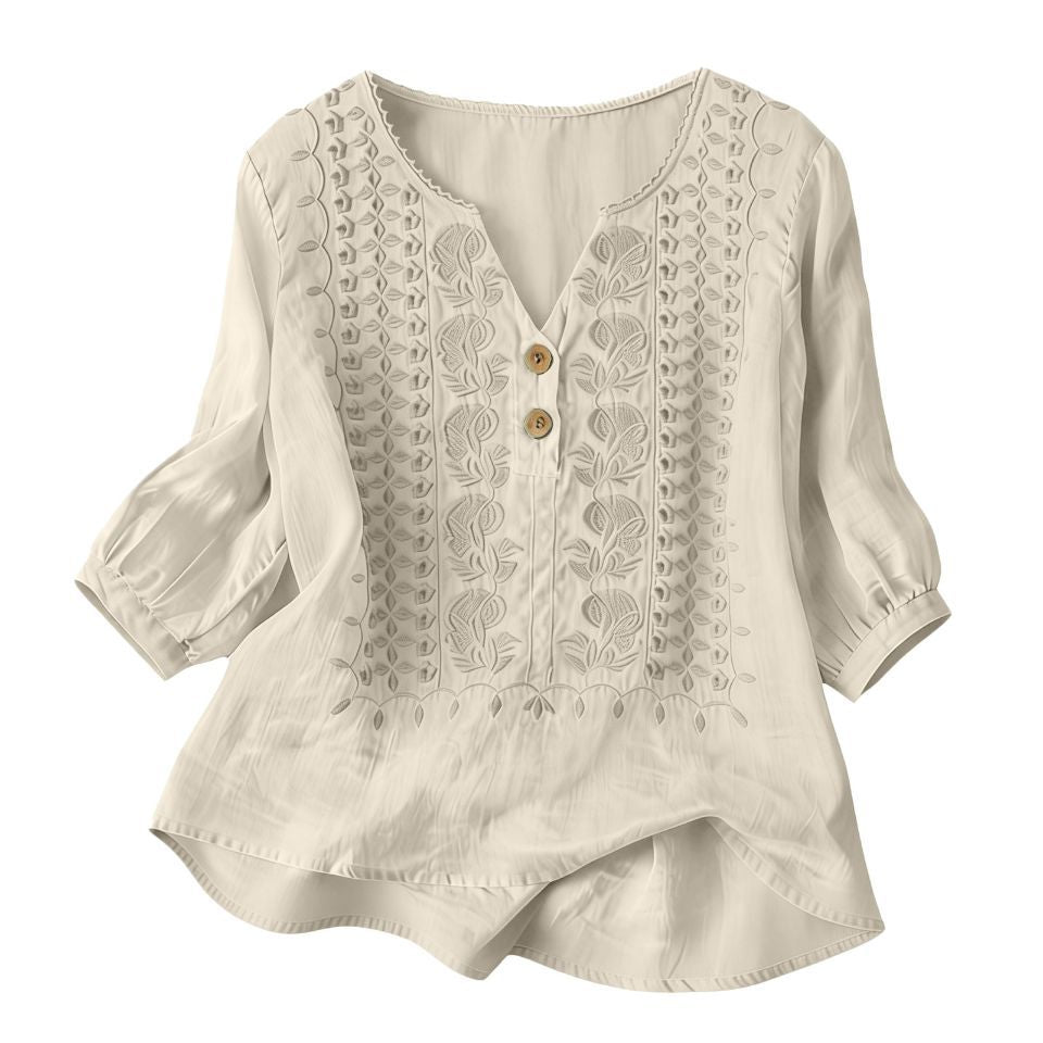 V-Neck Embroidered Cotton-Linen Blouse - product colour image 2
