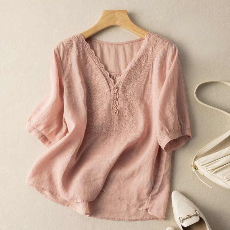 CloudCoton V-Neck Embroidered Linen Cotton Blend Short Sleeve